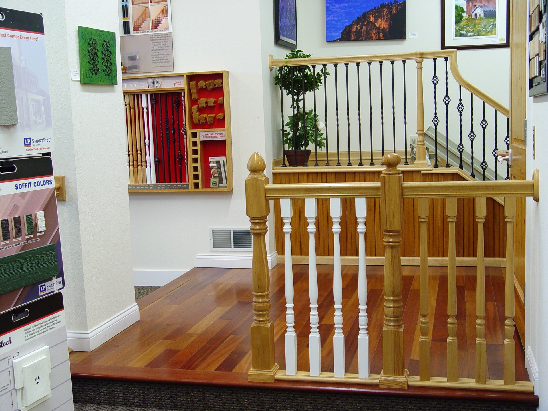 Stair railing display - wood railing and painted white railing